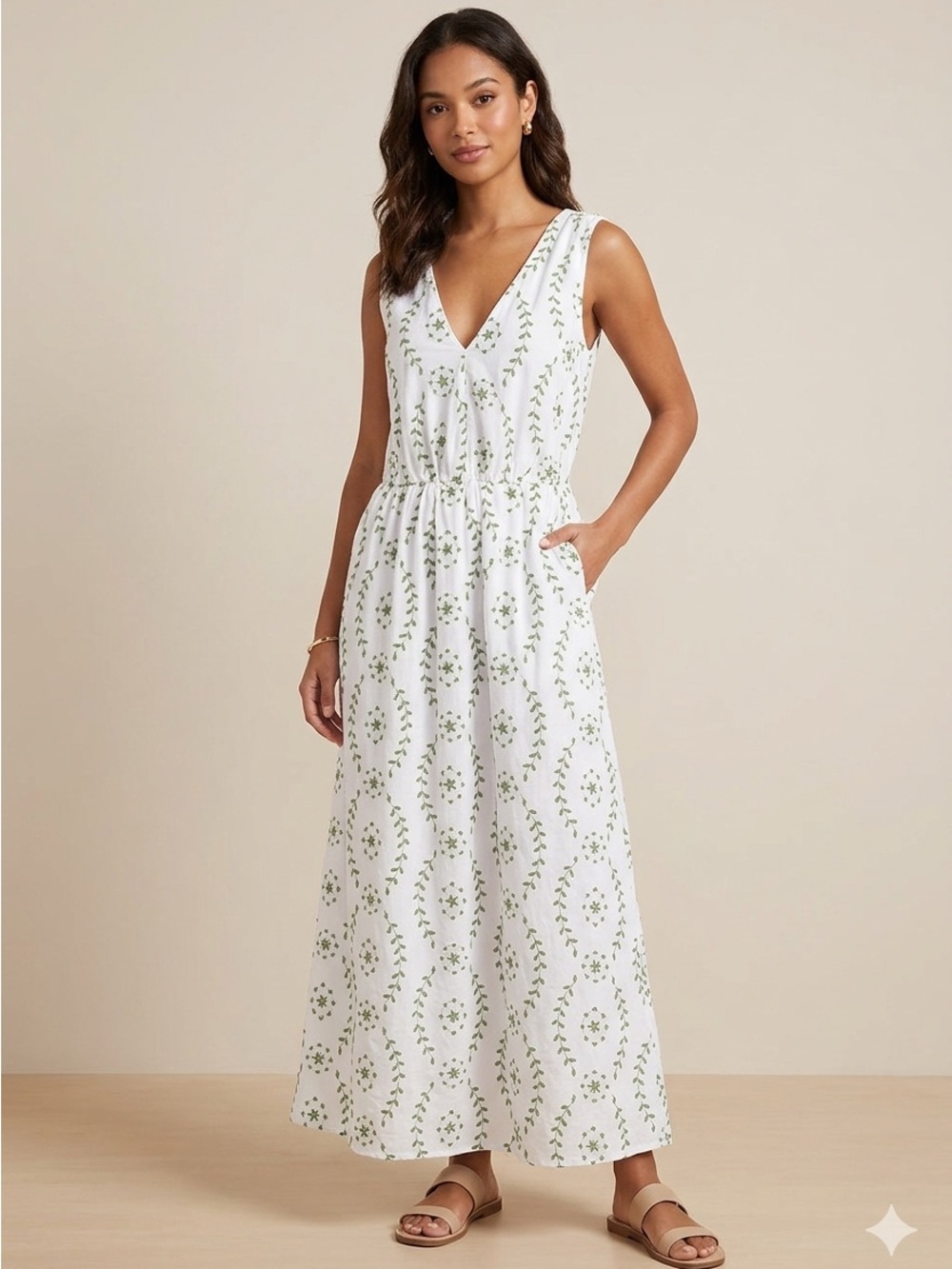 a new day White Dress with Green Floral Embroidery
